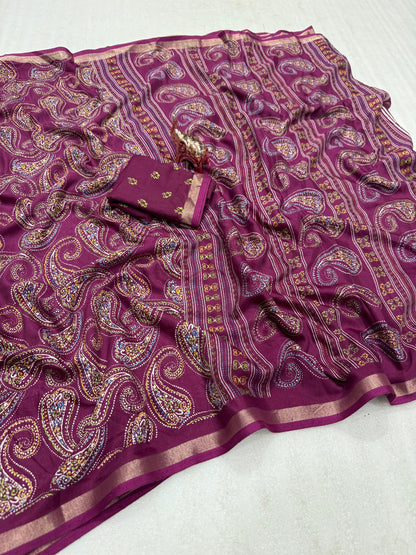 Heavy mul base cotton silk saree with beautiful kalamkari printed and golden zari patti border
