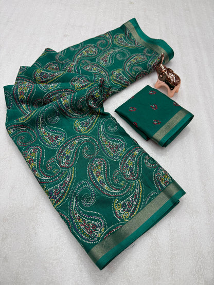 Heavy mul base cotton silk saree with beautiful kalamkari printed and golden zari patti border