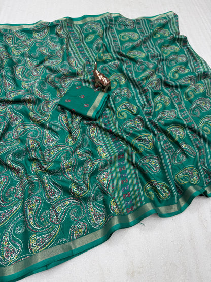 Heavy mul base cotton silk saree with beautiful kalamkari printed and golden zari patti border