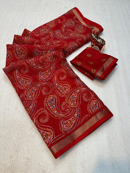 Heavy mul base cotton silk saree with beautiful kalamkari printed and golden zari patti border