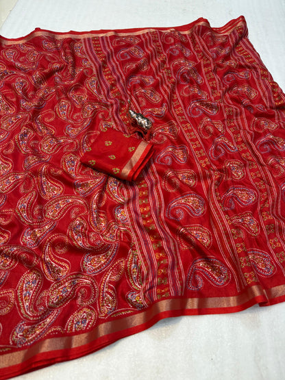 Heavy mul base cotton silk saree with beautiful kalamkari printed and golden zari patti border