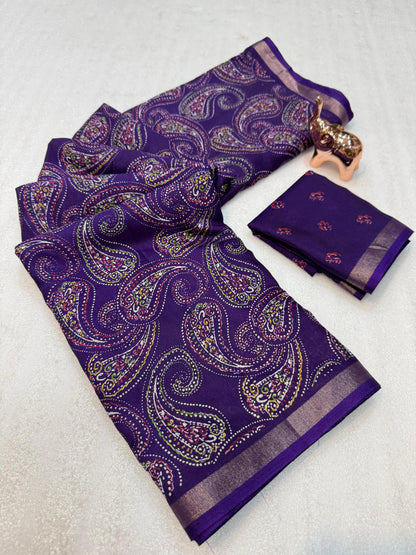 Heavy mul base cotton silk saree with beautiful kalamkari printed and golden zari patti border