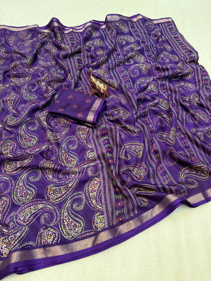 Heavy mul base cotton silk saree with beautiful kalamkari printed and golden zari patti border
