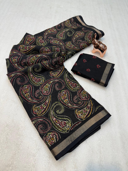 Heavy mul base cotton silk saree with beautiful kalamkari printed and golden zari patti border