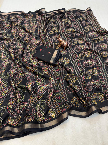 Heavy mul base cotton silk saree with beautiful kalamkari printed and golden zari patti border