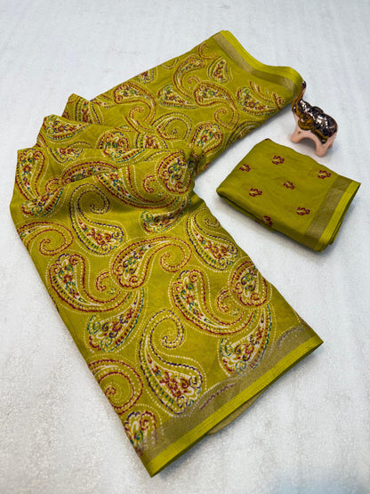 Heavy mul base cotton silk saree with beautiful kalamkari printed and golden zari patti border