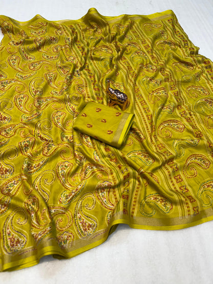 Heavy mul base cotton silk saree with beautiful kalamkari printed and golden zari patti border