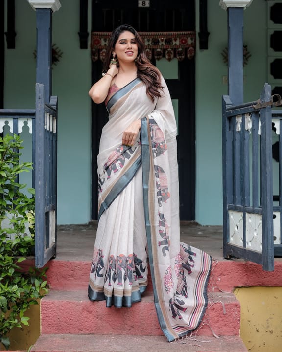 Elegant Digital Print Linen Saree with Blouse – 6.3 Mtr (Single Colour Catalog)