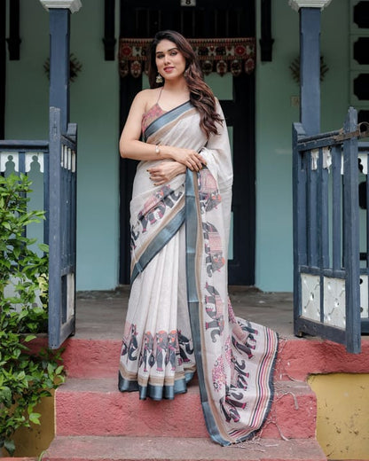 Elegant Digital Print Linen Saree with Blouse – 6.3 Mtr (Single Colour Catalog)