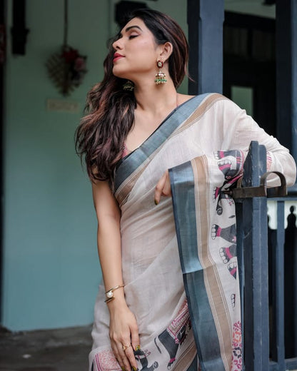 Elegant Digital Print Linen Saree with Blouse – 6.3 Mtr (Single Colour Catalog)