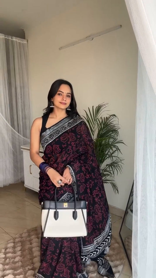 Elegant Digital Print Linen Saree with Silver Zari Border & Blouse – 6.3 Mtr (Single Colour Catalog)