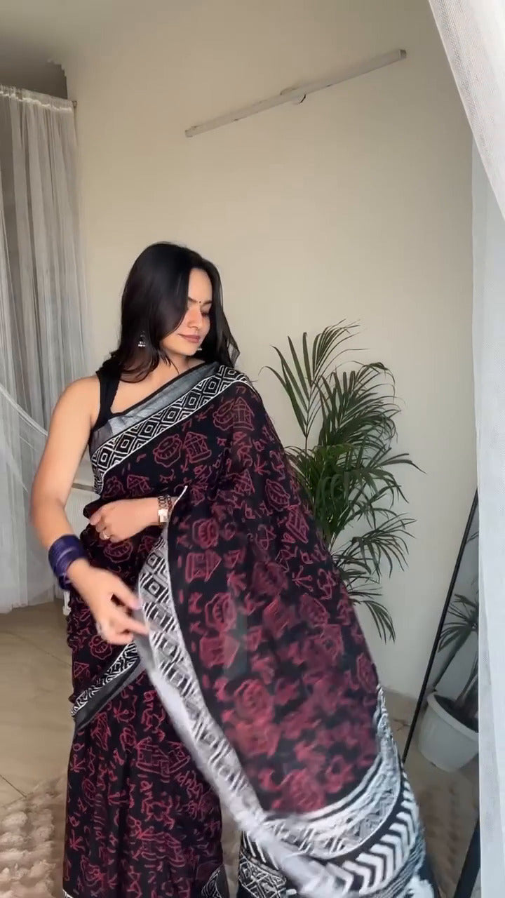 Elegant Digital Print Linen Saree with Silver Zari Border & Blouse – 6.3 Mtr (Single Colour Catalog)