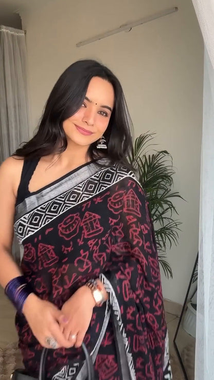 Elegant Digital Print Linen Saree with Silver Zari Border & Blouse – 6.3 Mtr (Single Colour Catalog)