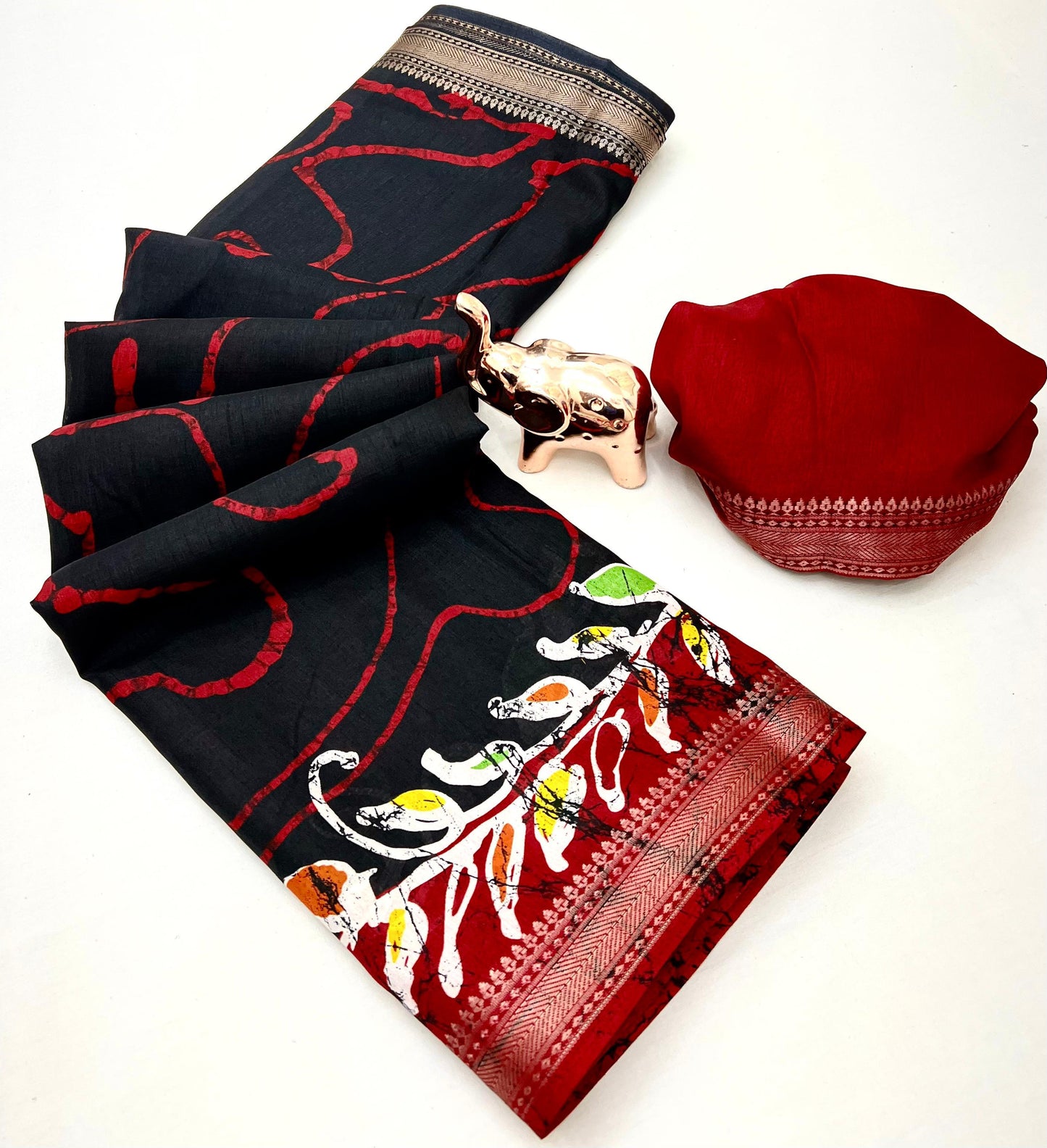 Soft poly silk Saree with Kalamkari Prints & Contrast Zari Border – With Running Blouse