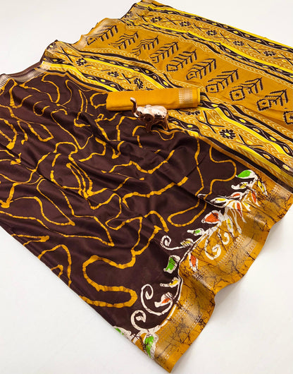 Soft poly silk Saree with Kalamkari Prints & Contrast Zari Border – With Running Blouse