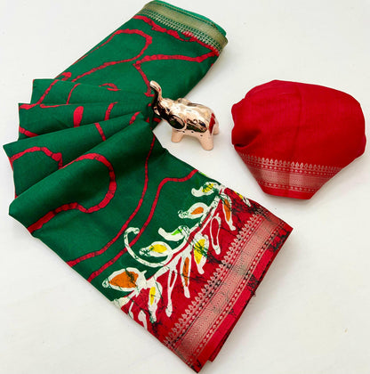 Soft poly silk Saree with Kalamkari Prints & Contrast Zari Border – With Running Blouse