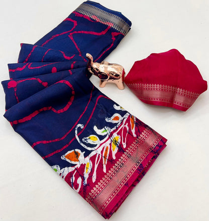 Soft poly silk Saree with Kalamkari Prints & Contrast Zari Border – With Running Blouse