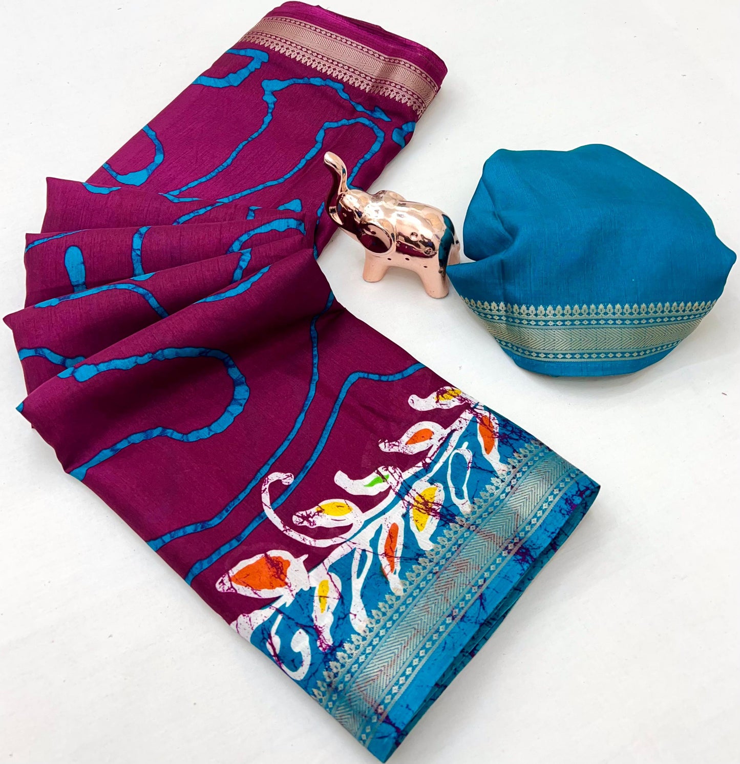 Soft poly silk Saree with Kalamkari Prints & Contrast Zari Border – With Running Blouse