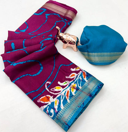 Soft poly silk Saree with Kalamkari Prints & Contrast Zari Border – With Running Blouse