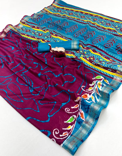Soft poly silk Saree with Kalamkari Prints & Contrast Zari Border – With Running Blouse