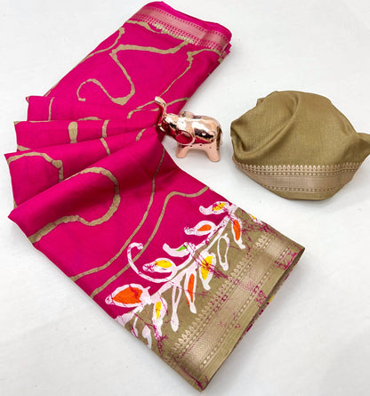 Soft poly silk Saree with Kalamkari Prints & Contrast Zari Border – With Running Blouse