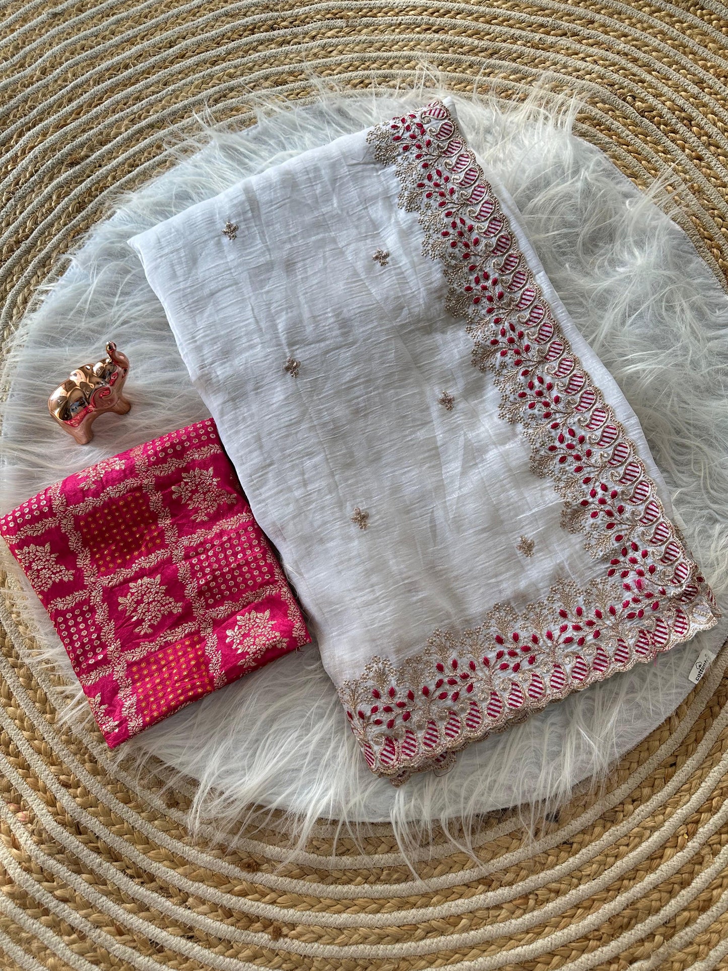 Vanilla White Pure Silk Candy Crush Saree with Embroidered Pallu & Contrast Banarasi Blouse