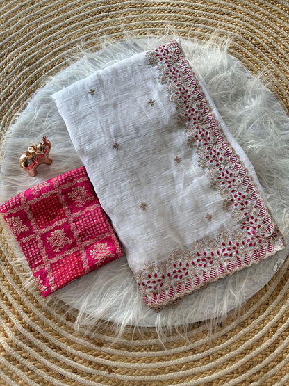 Vanilla White Pure Silk Candy Crush Saree with Embroidered Pallu & Contrast Banarasi Blouse