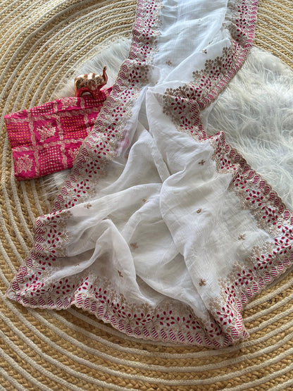 Vanilla White Pure Silk Candy Crush Saree with Embroidered Pallu & Contrast Banarasi Blouse