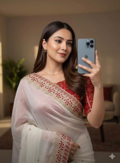 Vanilla White Pure Silk Candy Crush Saree with Embroidered Pallu & Contrast Banarasi Blouse