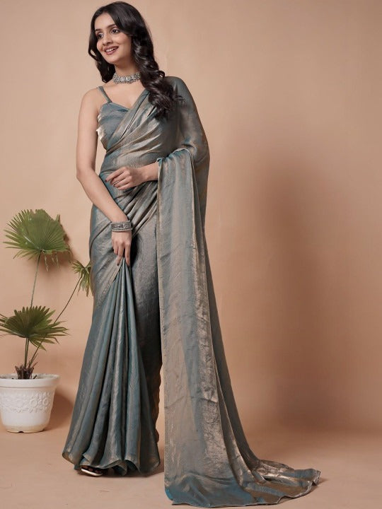 Steel Blue Fendy Chiffon Saree - Front View