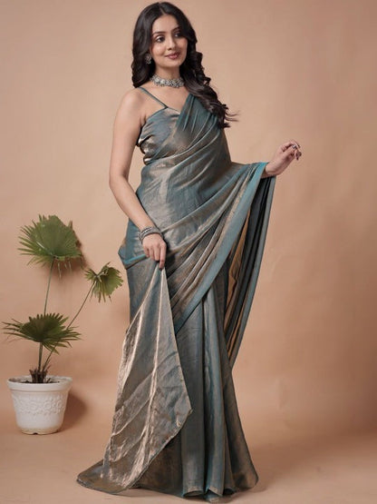 Steel Blue Fendy Chiffon Saree - Drape Close-up
