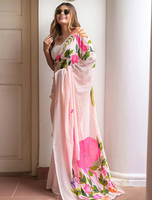 Blush Pink Digitally Printed Linen Saree - Full Length View