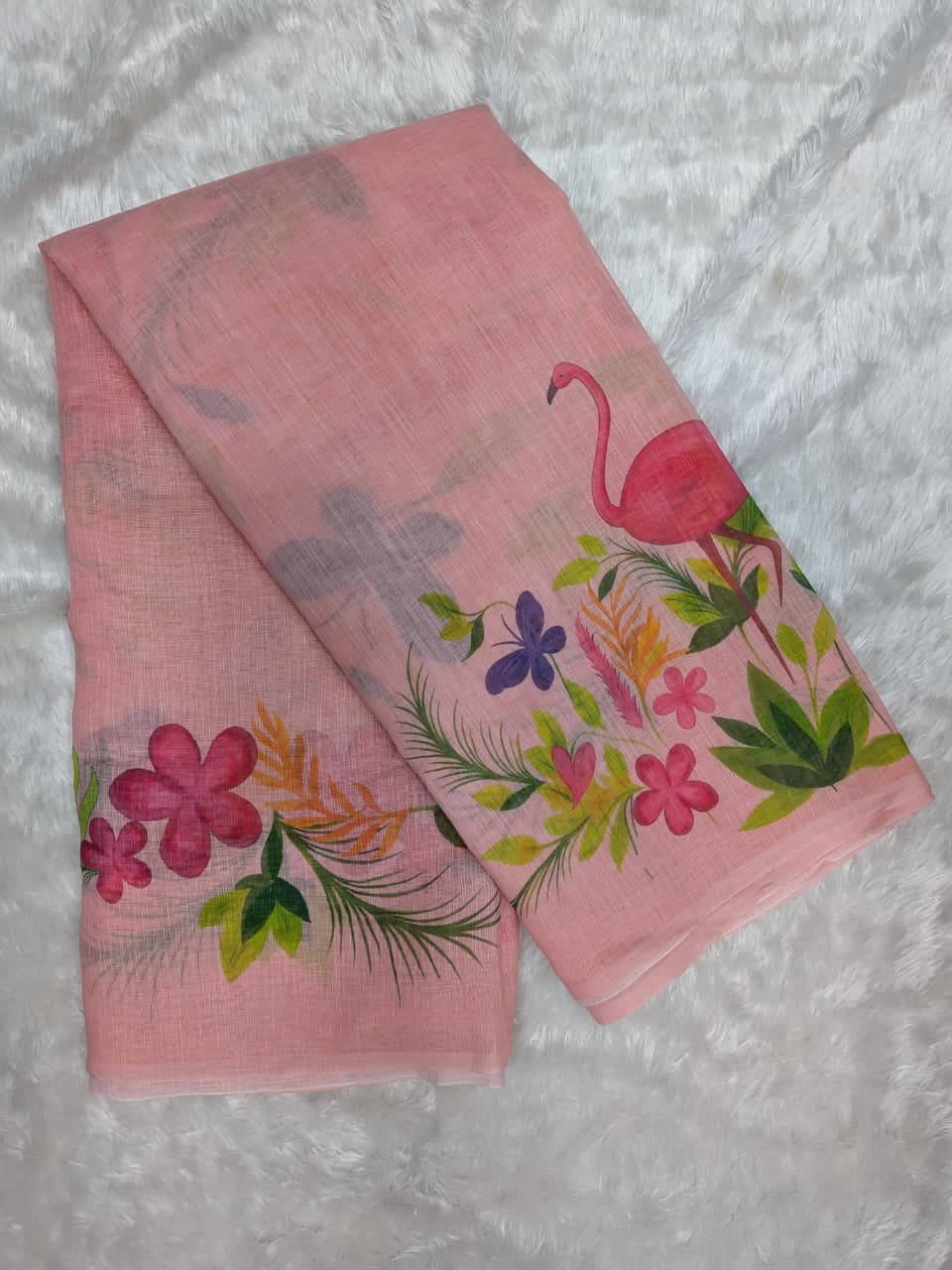 Blush Pink Digitally Printed Linen Saree - Flat Lay with Flamingo Print