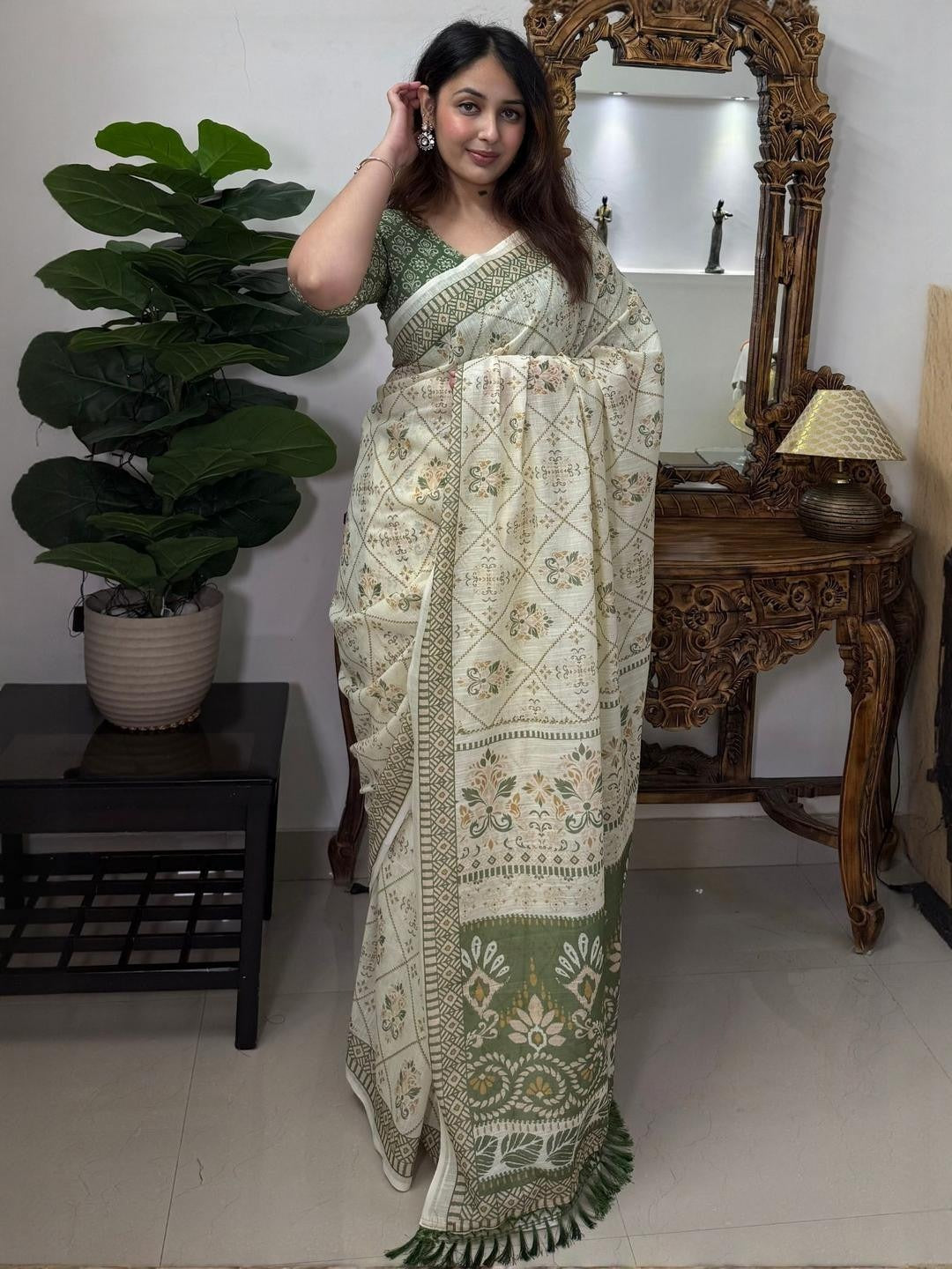 Cream and olive green linen block print saree - front view