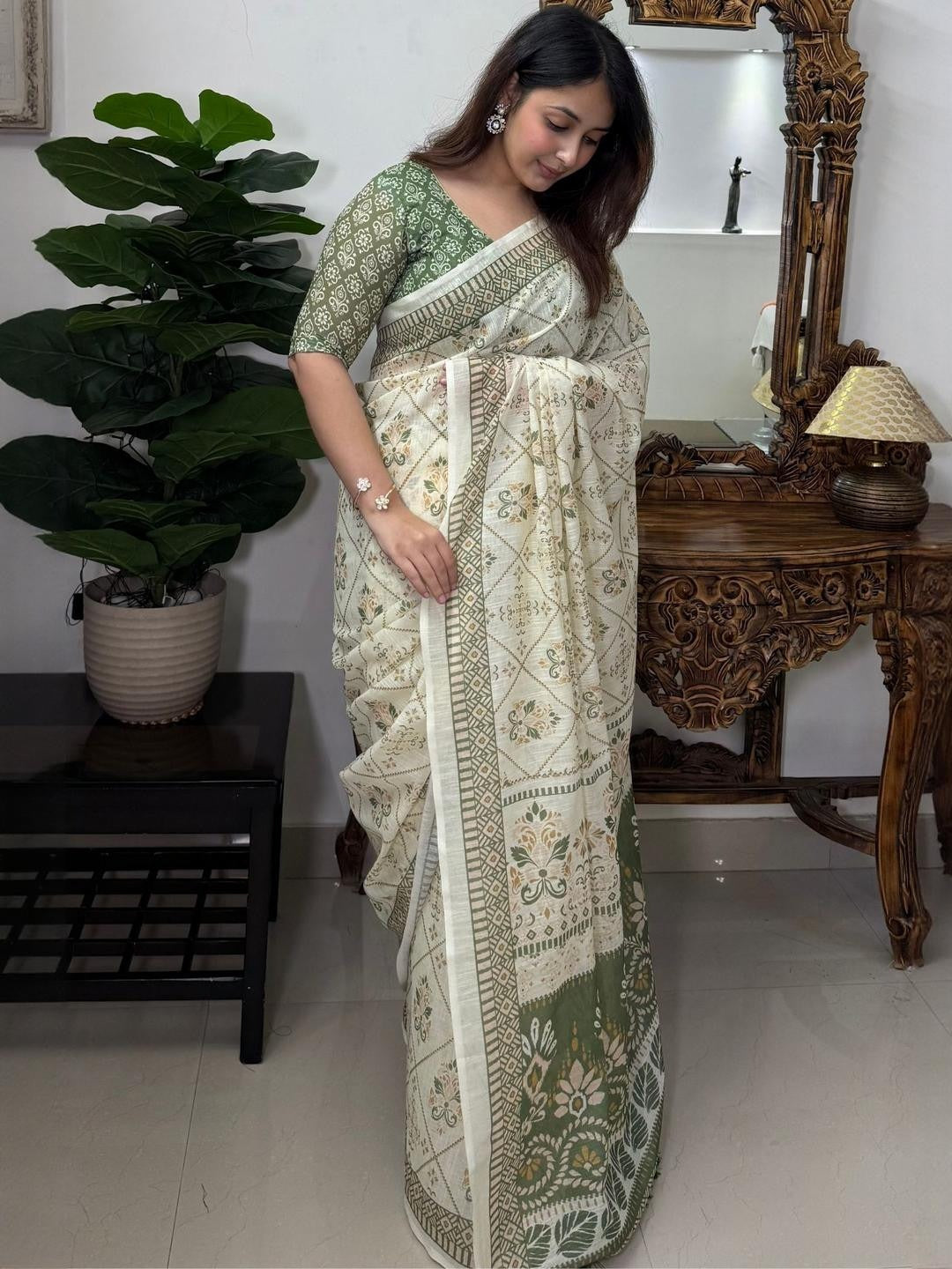 Cream and olive green linen block print saree - full length front