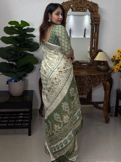 Cream and olive green linen block print saree - pallu detail
