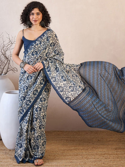 Indigo blue paisley block print linen saree - close up drape