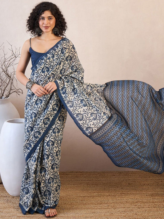 Indigo blue paisley block print linen saree - close up drape