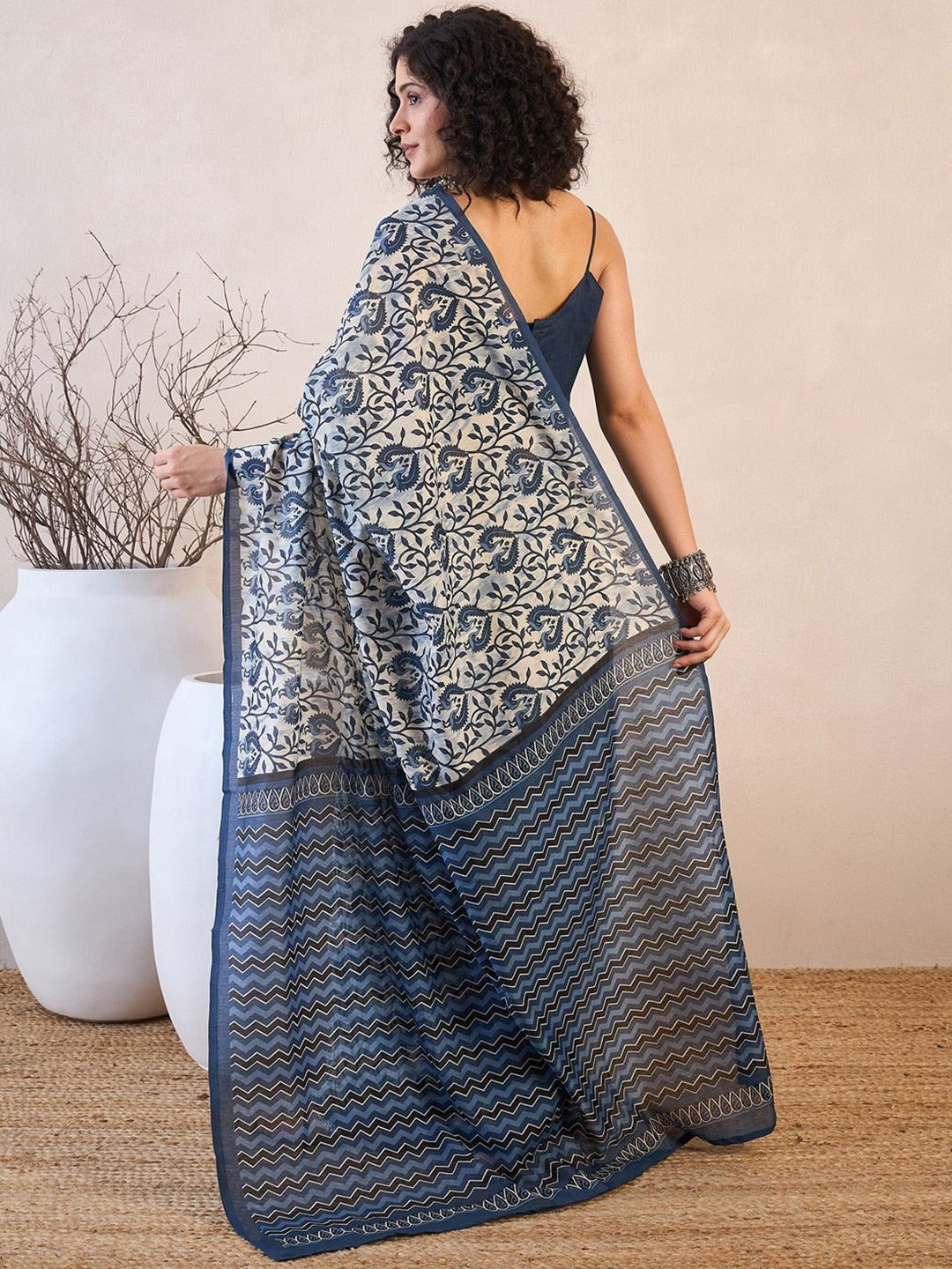 Indigo blue block print linen saree - full front view