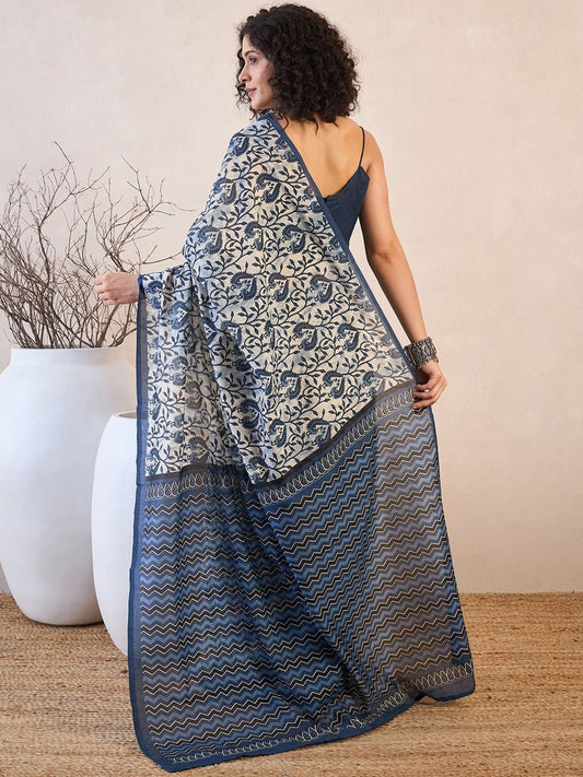 Indigo blue block print linen saree - full front view