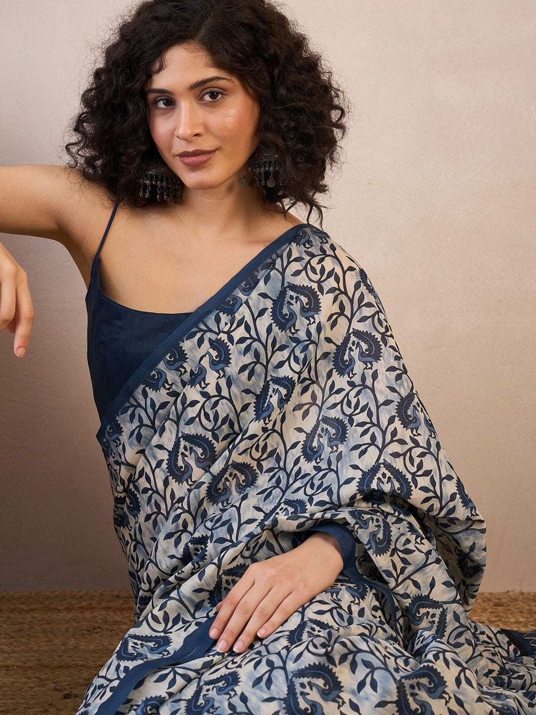 Indigo blue block print linen saree - side drape with chevron pallu