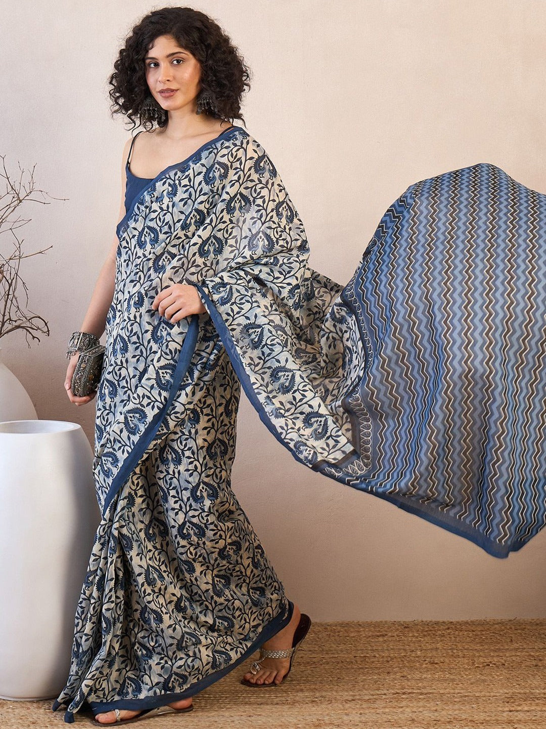 Indigo blue paisley block print linen fabric folded