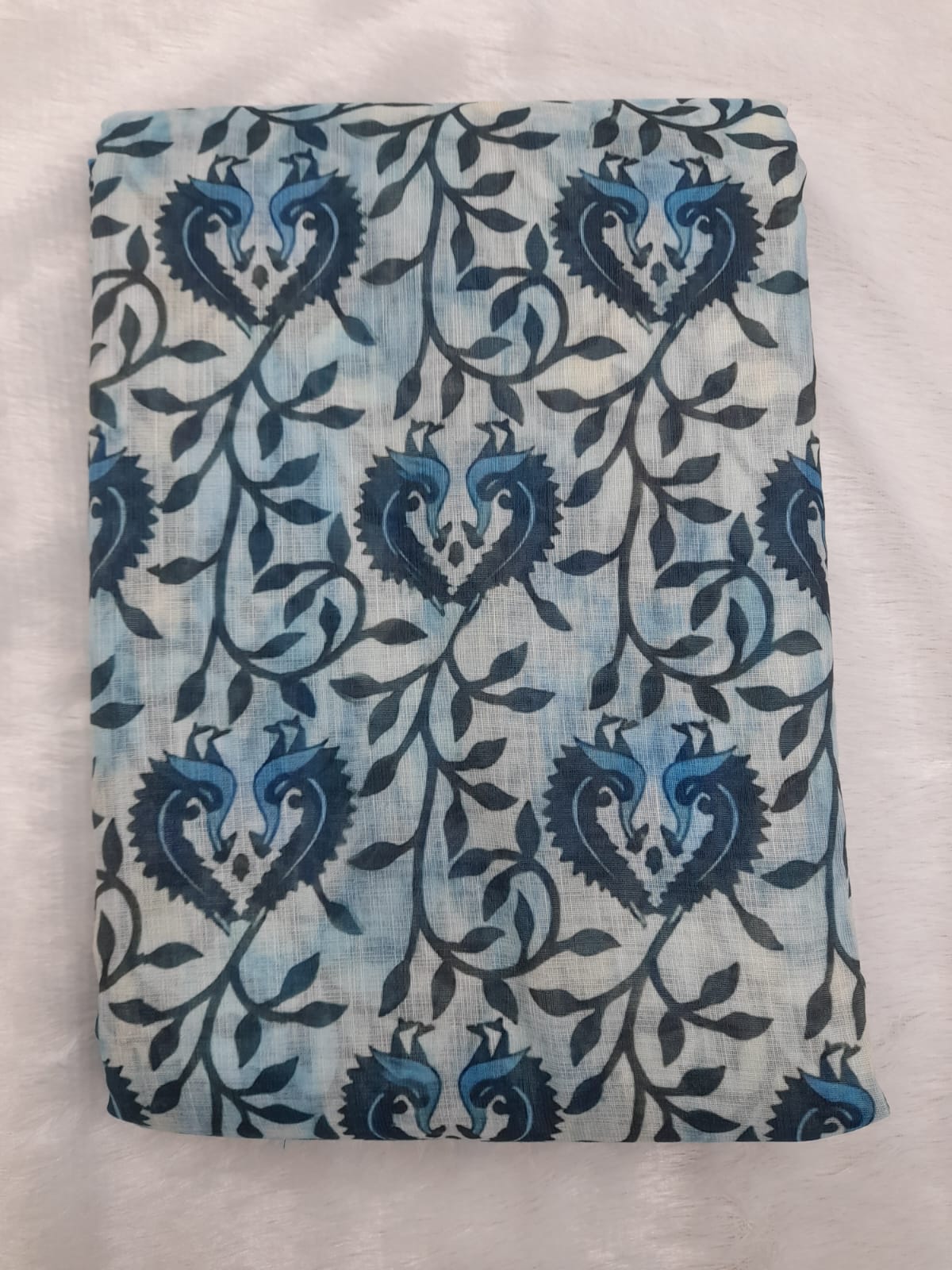 Indigo blue block print linen saree - back view with chevron pallu