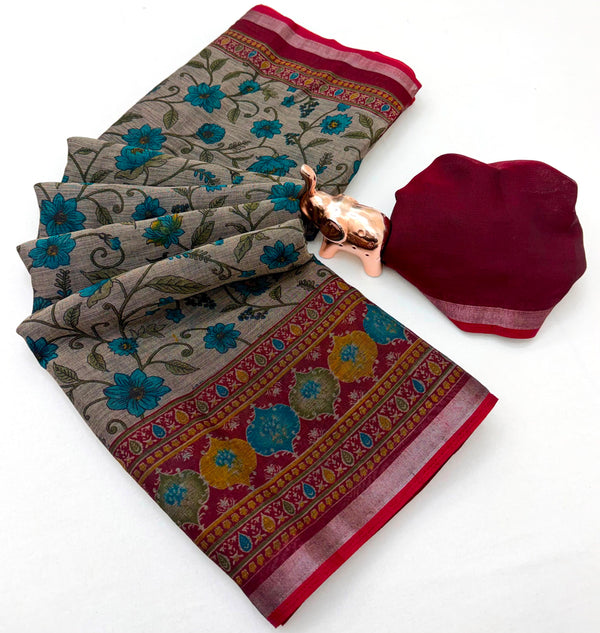 Beige Floral Print Cotton Blend Saree with Contrast Border and Running Blouse Piece for Daily Wear | 6.3 Metres