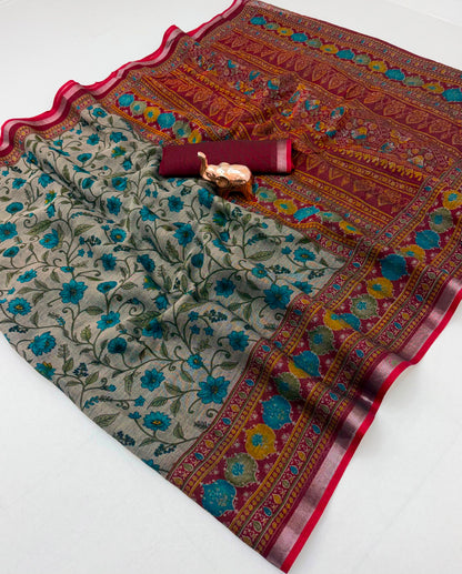 Beige Floral Print Cotton Blend Saree with Contrast Border and Running Blouse Piece for Daily Wear | 6.3 Metres