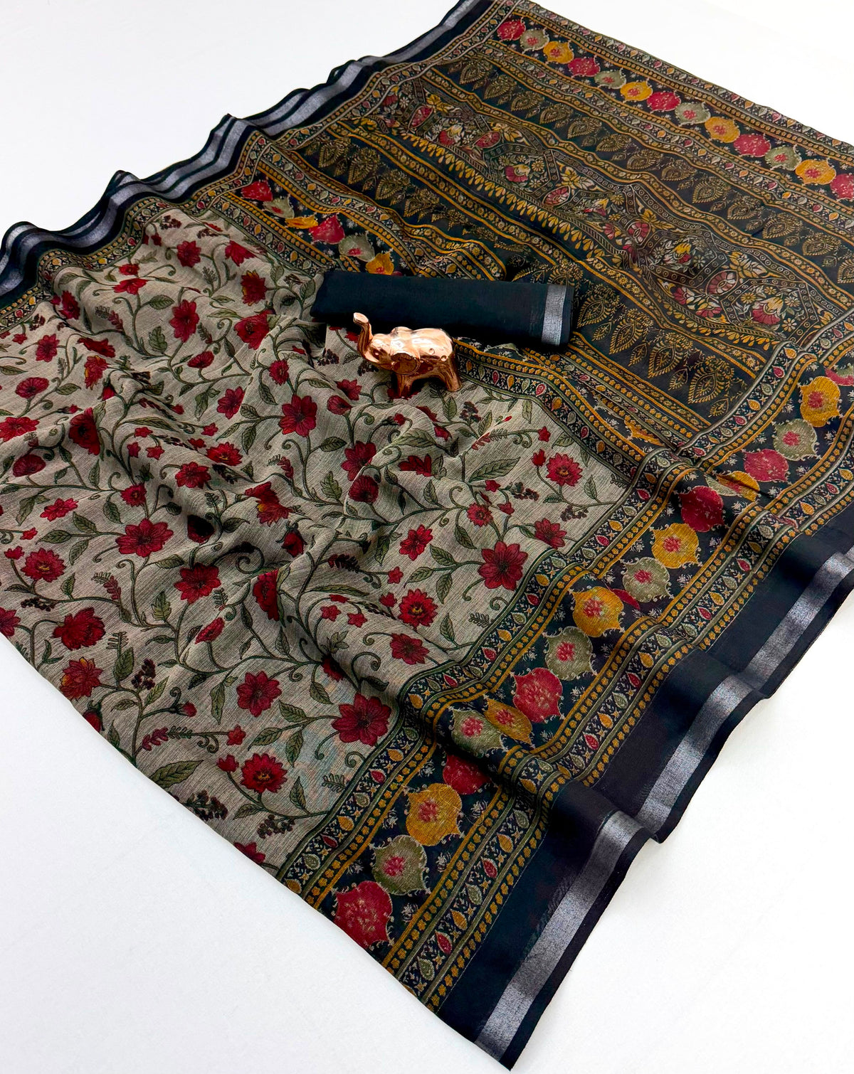 Beige Floral Print Cotton Blend Saree with Contrast Border and Running Blouse Piece for Daily Wear | 6.3 Metres