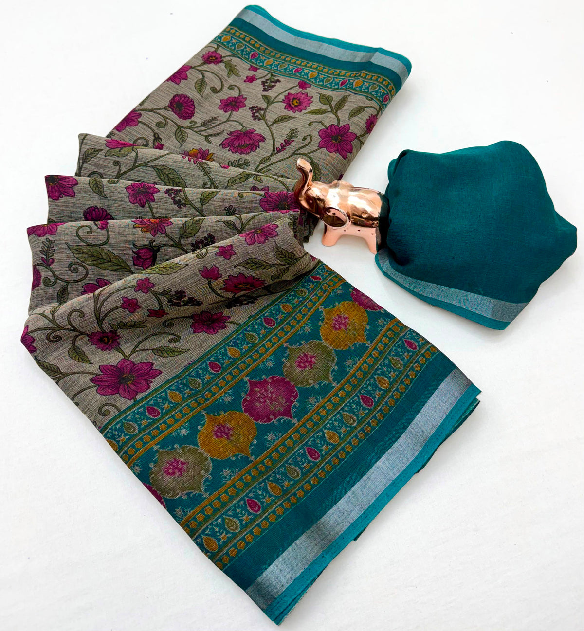 Beige Floral Print Cotton Blend Saree with Contrast Border and Running Blouse Piece for Daily Wear | 6.3 Metres