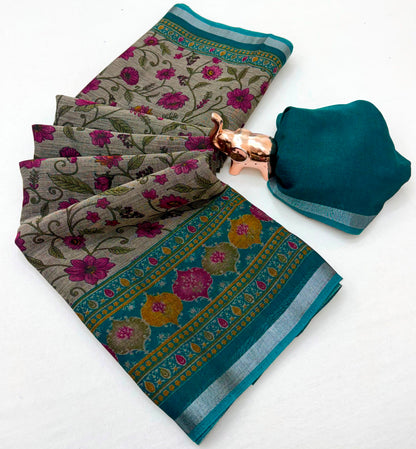 Beige Floral Print Cotton Blend Saree with Contrast Border and Running Blouse Piece for Daily Wear | 6.3 Metres