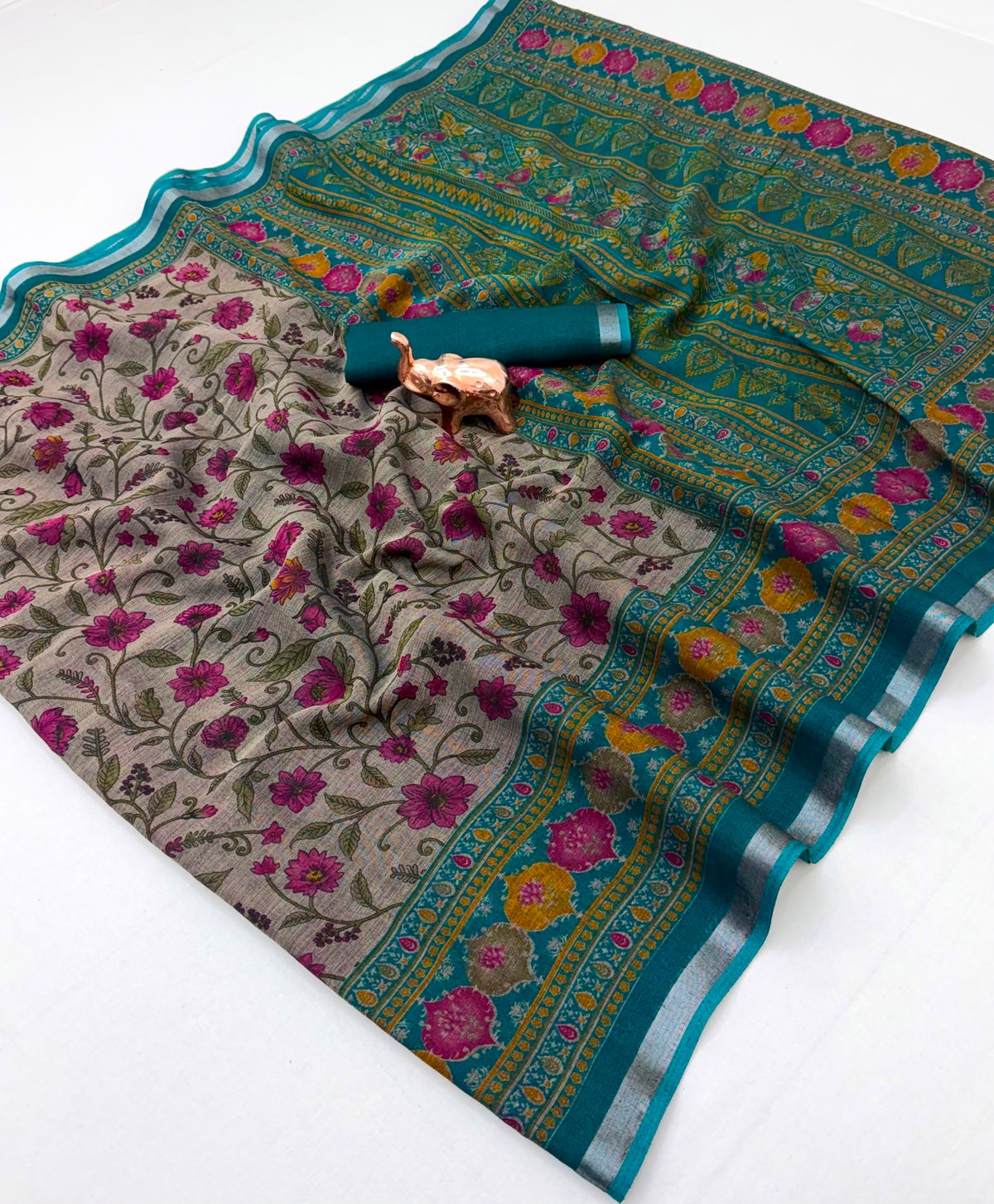 Beige Floral Print Cotton Blend Saree with Contrast Border and Running Blouse Piece for Daily Wear | 6.3 Metres