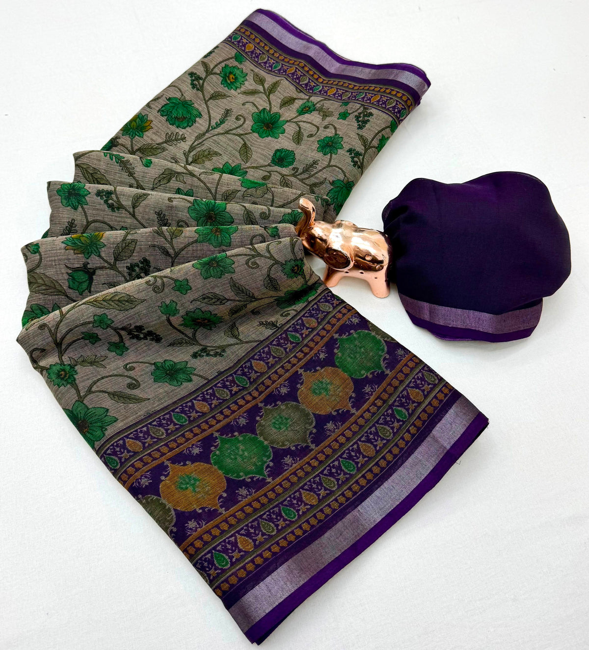 Beige Floral Print Cotton Blend Saree with Contrast Border and Running Blouse Piece for Daily Wear | 6.3 Metres